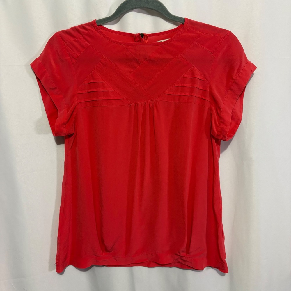 Madewell Broadway & Broome 100% Silk Pintuck Short Sleeve Blouse Coral Red S